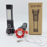 8-in-1 Rechargeable LED Torch Light with Safety Hammer & Phone Charger (Random Color, Box Included)