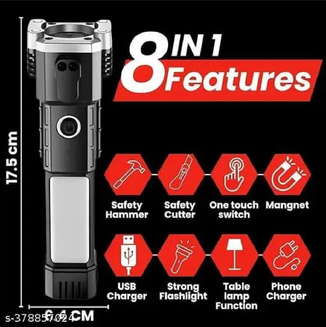 8-in-1 Rechargeable LED Torch Light with Safety Hammer & Phone Charger (Random Color, Box Included)