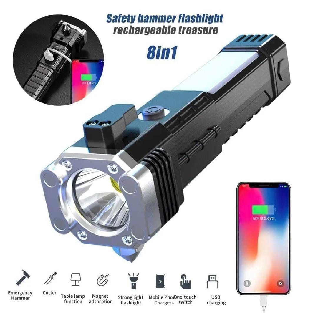 8-in-1 Rechargeable LED Torch Light with Safety Hammer & Phone Charger (Random Color, Box Included)