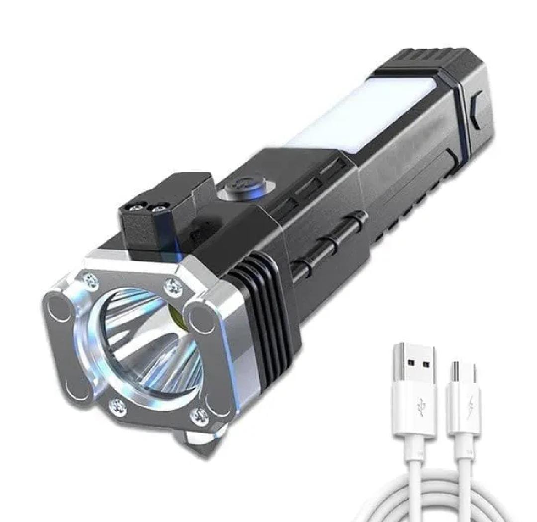8-in-1 Rechargeable LED Torch Light with Safety Hammer & Phone Charger (Random Color, Box Included)