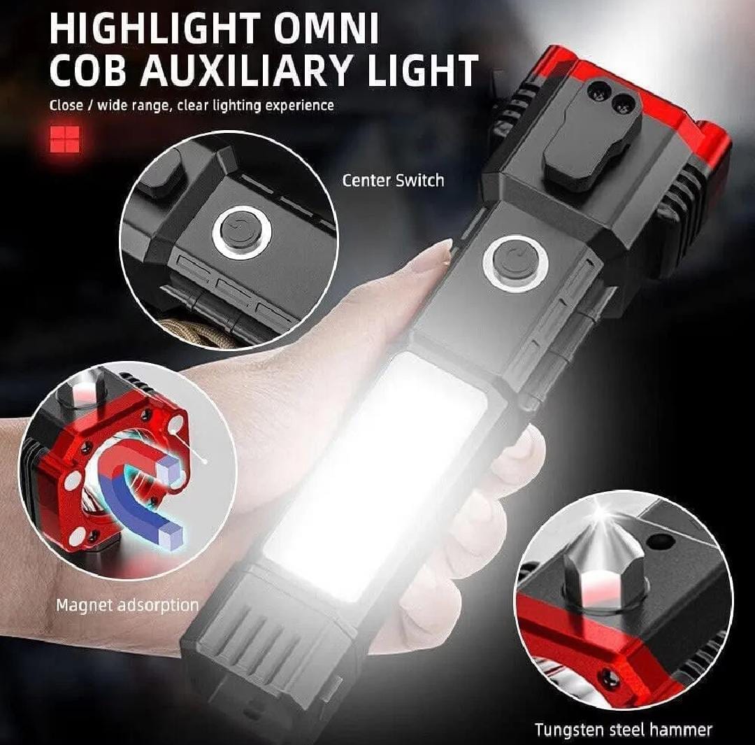 8-in-1 Rechargeable LED Torch Light with Safety Hammer & Phone Charger (Random Color, Box Included)